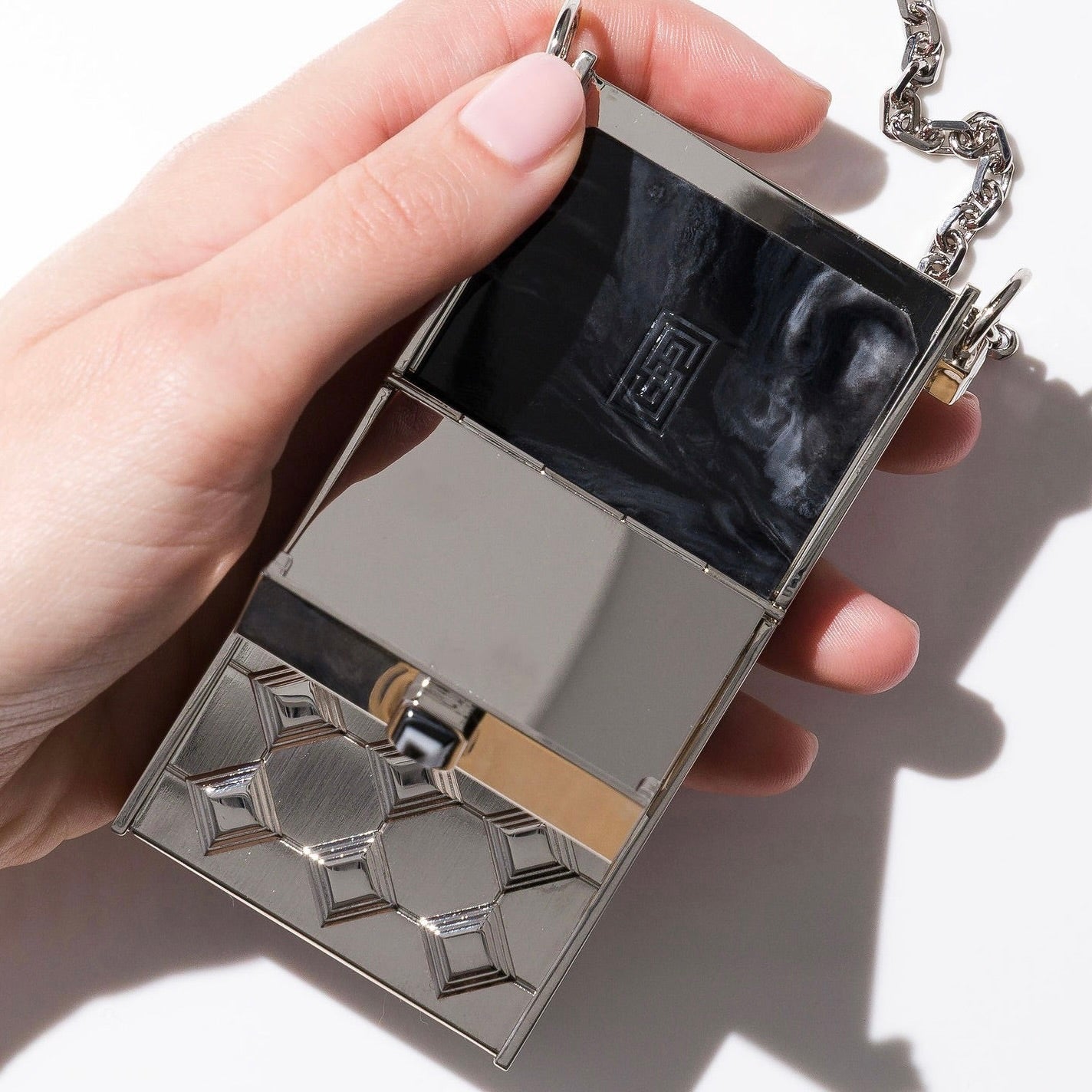  Open palladium silver cigarette case necklace with removable acetate insert inside.